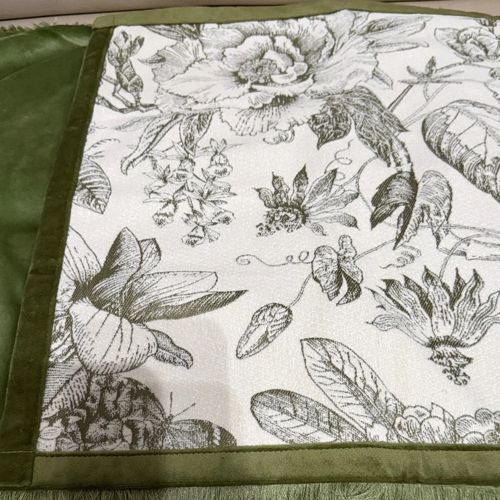 Green and White Floral Tapestry Pillow Cover green velvet fringe pillow cover - Picture 2 of 3